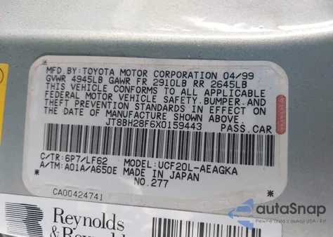 1999 Lexus Ls 400 from USA, damaged, VIN JT8BH28F6X0159443